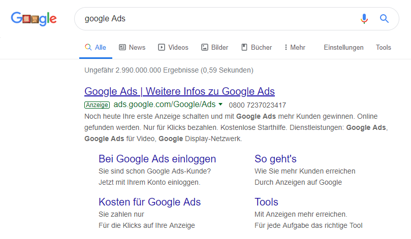 Google Ads Anzeige auf Google über Google Ads